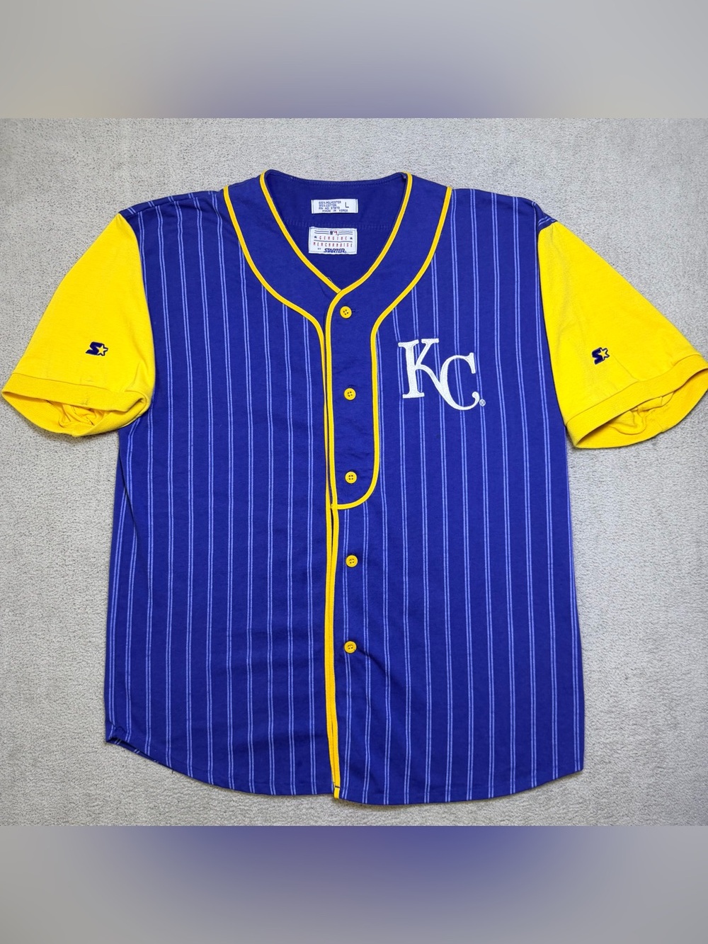 Vintage 90s Starter Kansas City Royals Baseball Jersey Mens L Blue Pinstriped
